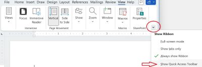 Microsoft Word 2212 Text to Speech feature Quick Access Toolbar