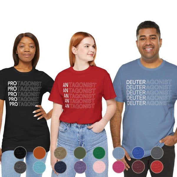 Trio of literary-themed t-shirts with the words “Protagonist,” “Antagonist,” and “Deuteragonist” — perfect for bookish besties or storytelling enthusiasts