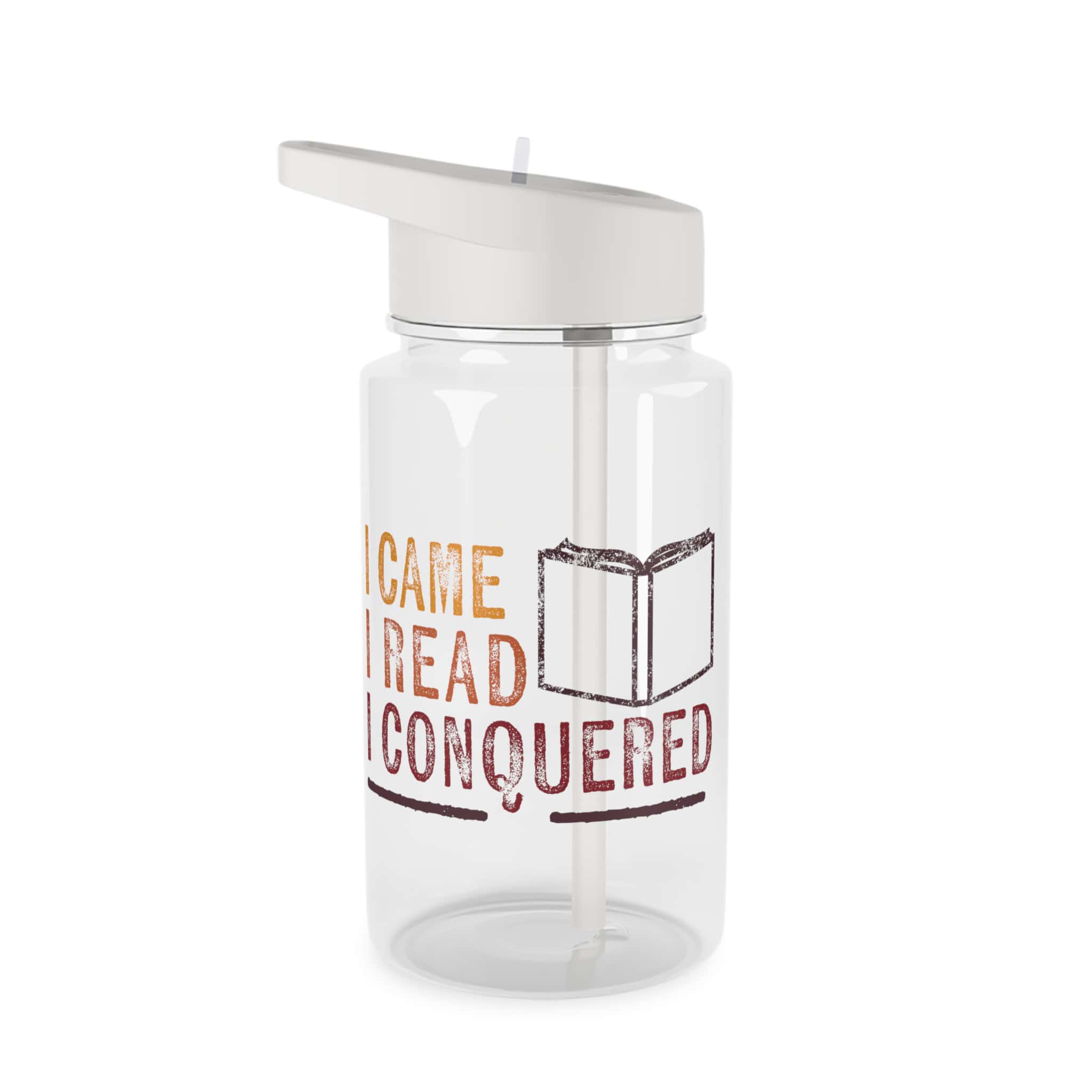 Clear water bottle with the phrase “I Came, I Read, I Conquered” in vibrant lettering, featuring a foldable straw and spill-resistant lid for book lovers