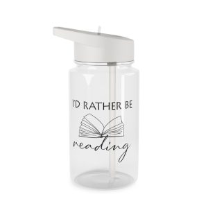 Clear BPA-free water bottle with the quote “I’d Rather Be Reading,” featuring a spill-resistant straw lid and bookish charm for readers on the go.