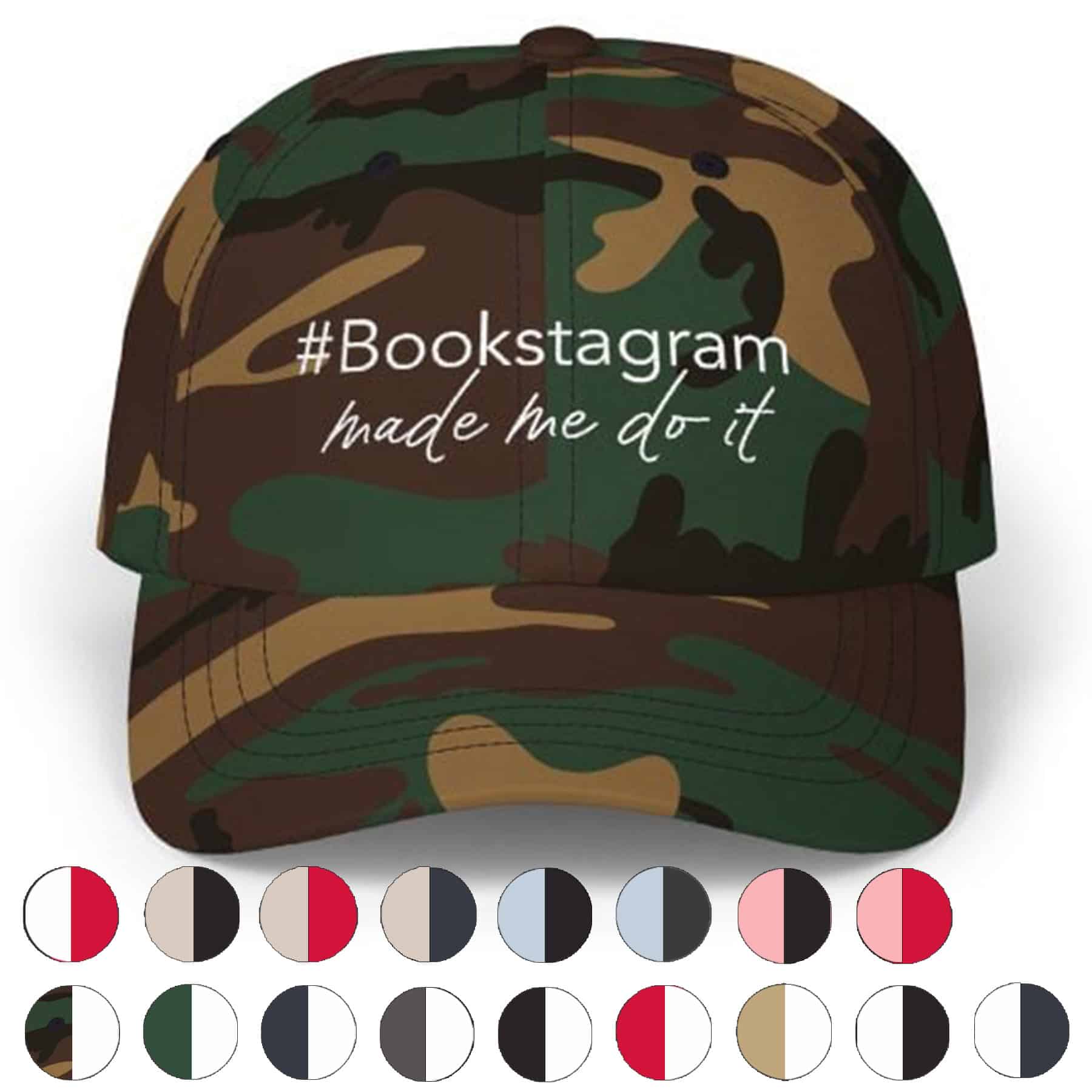 Embroidered ‘Bookstagram Made Me Do It’ hat with adjustable brass buckle strap
