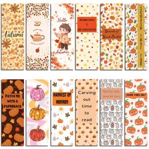 Set of 12 autumn bookmarks with sayings like “Squash That TBR” and “Autumn Leaves & Dog-Eared Sleeves”