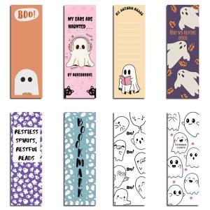 Funny Halloween bookmarks with phrases like “Books Before Boos” and “This Bookmark is Haunted”