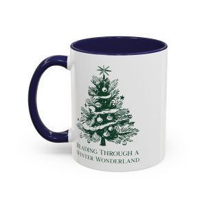Two-tone Christmas mug with quote ‘Reading Through a Winter Wonderland’ and traditional tree design
