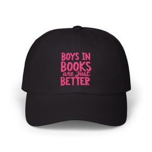 Unstructured embroidered dad hat reading "Boys in Books Are Just Better" in dreamy bookish colors with antique brass buckle closure, designed for book lovers by Book Cave