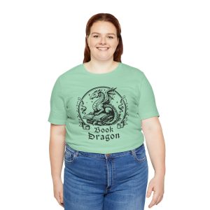 Bella + Canvas book lover t-shirt featuring an original classic book dragon design for fantasy readers