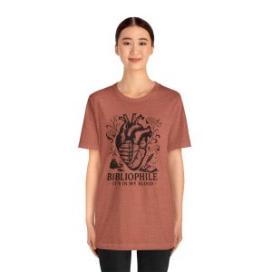 Bella + Canvas dark academia book lover t-shirt featuring an anatomical heart filled with bookish quotes and a moody literary design