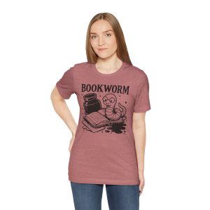 Bella + Canvas book lover t-shirt featuring an original cute worm sitting on a book with spilled ink illustration