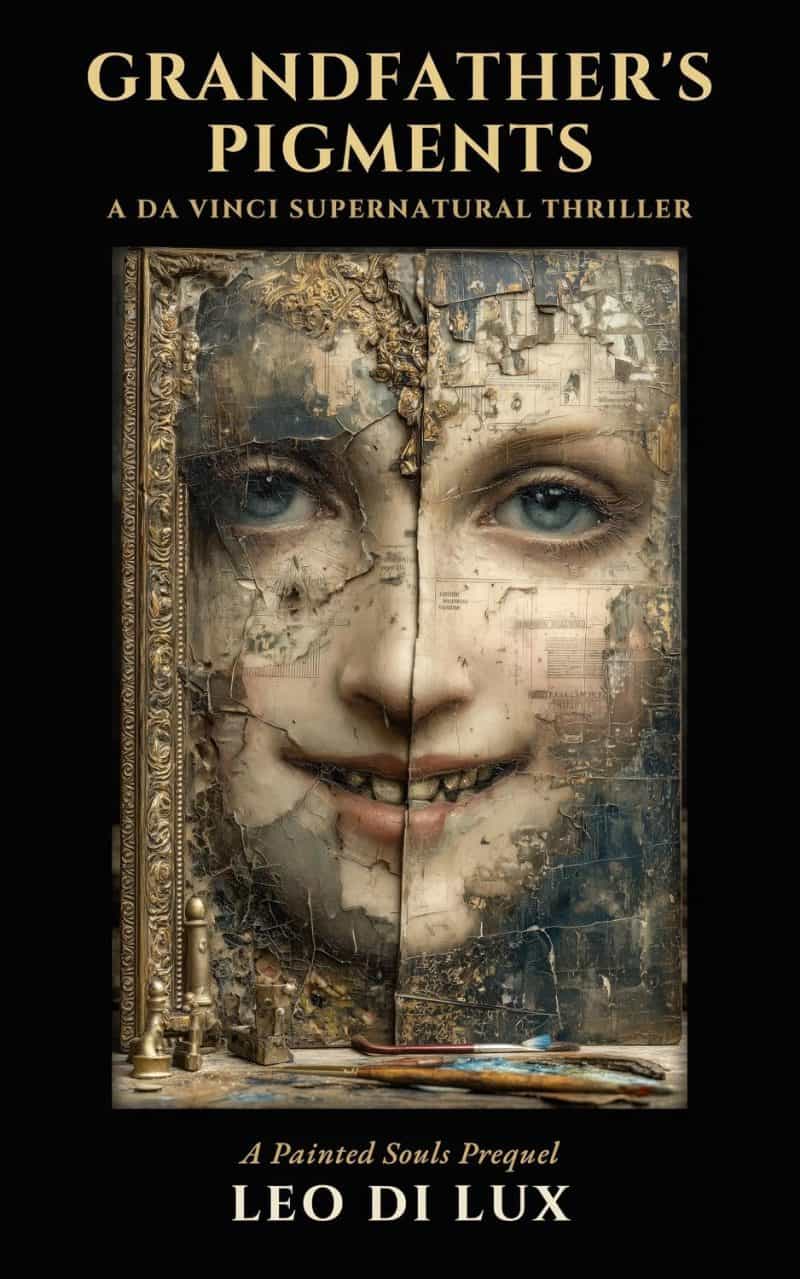 Cover for Grandfather's Pigments: The face opens its eyes before he finishes painting them.