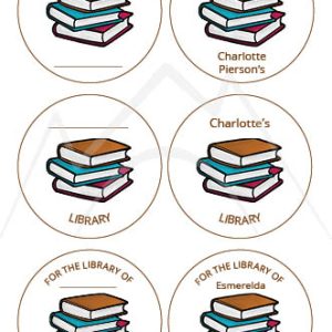 Printable library bookplate sticker with colorful book stack and brown text on white background – 2x2 inch label design
