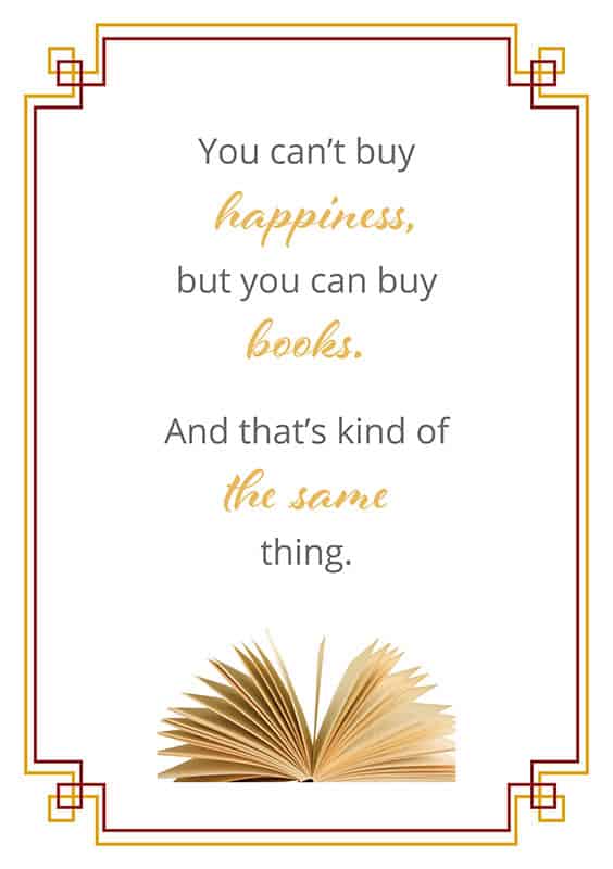 Printable wall art that says ‘You can’t buy happiness, but you can buy books’ in playful typography
